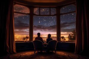 il indietro di un' coppia seduta di il Hotel finestra, il Visualizza attraverso il finestra è un' stellato notte. ai generativo foto
