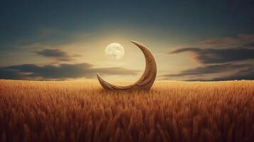 un' raggiante mezzaluna Luna crescente al di sopra di un' d'oro Grano campo. Islam concetto sfondo. generativo ai foto