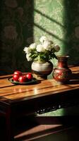 un' Marrone tavolo, di legno, classico stile mazzo su il giusto lato di il tavolo. ai generativo foto