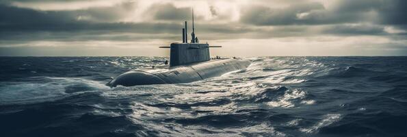 generico militare nucleare sottomarino galleggiante nel il mezzo di il oceano. ai generativo foto