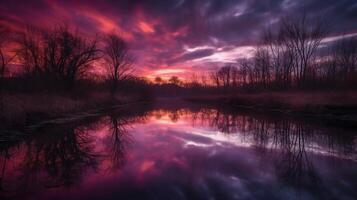 un' scena nel quale il intero rosa cielo è riflessa nel il acqua. ai generativo foto