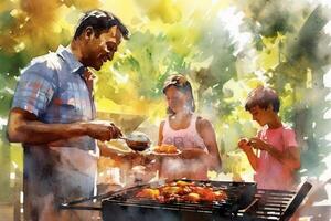 un' vivace e vivace immagine raffigurante un' padre grigliate e godendo un' barbecue con il suo famiglia. ai generativo foto