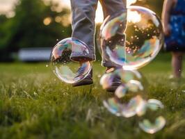 un' vicino su di gigante bolle, sfocato sfondo di un' del bambino bokeh gambe indossare bianca Abiti e in esecuzione in giro su il prato. ai generativo foto