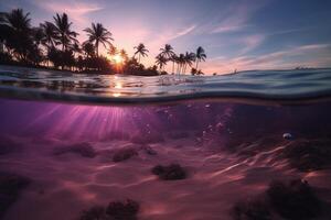 fotografia di bellissimo invitante spiaggia scena con viola tramonto cielo. ai generativo foto