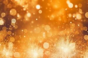 oro e argento fuochi d'artificio e bokeh nel nuovo anno vigilia e copia spazio. astratto sfondo vacanza. ai generativo foto