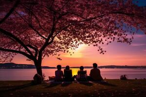 il silhouette di un' famiglia godendo un' picnic sotto un' ciliegia fiorire albero nel tramonto cielo. ai generativo foto