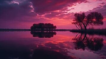 un' scena nel quale il intero viola cielo è riflessa nel il acqua. ai generativo foto