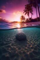 fotografia di bellissimo invitante spiaggia scena con viola tramonto cielo. ai generativo foto