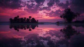 un' scena nel quale il intero viola cielo è riflessa nel il acqua. ai generativo foto