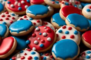 biscotti decorato nel rosso bianca e blu per 4 ° luglio celebrazione. ai generativo foto