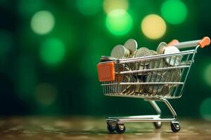 finanza e i soldi concetto. monete nel shopping carrelli su leggero bokeh verde sfondo. ai generativo foto