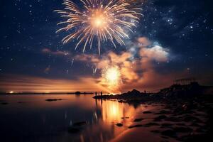 fuoco d'artificio notte mare stella. ai generativo foto