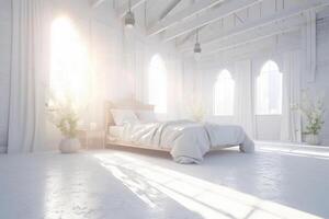 il santo leggero nel bianca Camera da letto a il bianca mattina. ai generativo foto