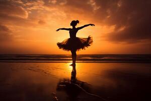 il silhouette di un' ballerina su il tramonto spiaggia. ai generativo foto