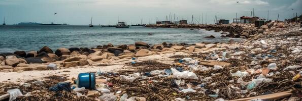 spiaggia pieno di spazzatura e plastica rifiuto come largo bandiera per ambientale e riciclare concetti. ai generativo foto