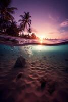 fotografia di bellissimo invitante spiaggia scena con viola tramonto cielo. ai generativo foto