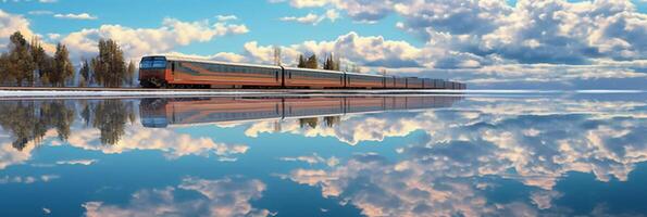 un' treno è in viaggio su lago, acqua superficie riflette il cielo. ai generativo foto