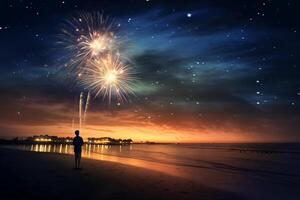 fuoco d'artificio notte mare stella. ai generativo foto