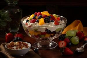 colorato frutta insalata nel un' bicchiere ciotola con diverso affettato frutta un frustato crema Yogurt nel un' simpatico impostare ambiente. ai generativo foto