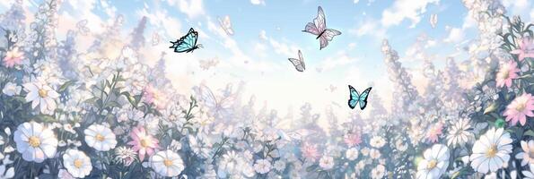 bellissimo selvaggio fiori margherite e farfalla nel mattina nel luce del sole nel primavera. ai generativo foto