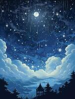 illustrazione di un' illuminato dalla luna notte, con stelle scintillio nel il cielo e nuvole. ai generativo foto