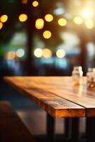 Immagine di di legno tavolo nel davanti di astratto sfocato sfondo di ristorante luci. ai generativo foto