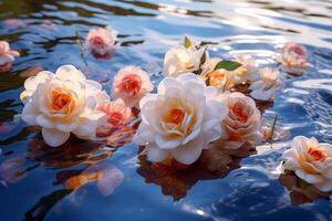 bellissimo bianca e rosa fiori galleggiante nel il lago. ai generativo foto