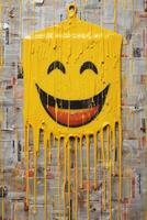 giallo dipingere gocciolante su il giornale, felicità, smiley icona. ai generativo foto