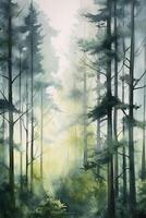 un' acquerello pittura di un' nebbioso foresta, tranquillo, profondo, Fata racconto vibrazione, semplice acquerello stile con pochi particolari, semi astratto. ai generativo foto