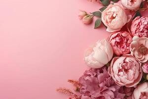 peonie, Rose su rosa sfondo con copia spazio. astratto naturale floreale telaio disposizione con testo spazio. romantico femminile composizione. ai generativo foto