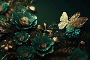 astratto floreale sfondo con verde fiori e d'oro la farfalla. ai generativo foto