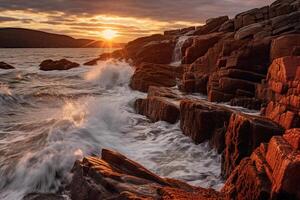 il onde siamo Crashing al di sopra di il rocce a tramonto. ai generativo foto