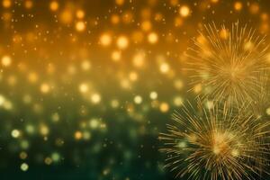 oro e verde fuochi d'artificio e bokeh nel nuovo anno vigilia e copia spazio. astratto sfondo vacanza. ai generativo foto