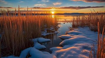 tramonto sopra il canne a il bordo di il lago. ai generativo foto