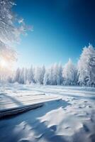 inverno Natale panoramico paesaggio con copia spazio. di legno pavimentazione, bianca alberi nel foresta coperto con neve, cumuli di neve e nevicata contro blu cielo nel soleggiato giorno ai generativo foto