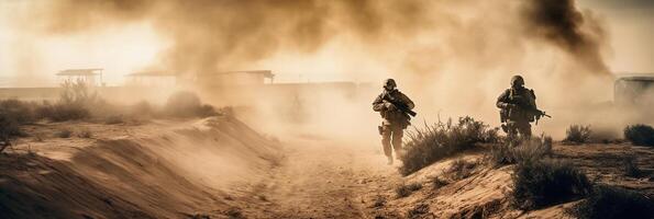 militare speciale forze soldati croci distrutto zona di guerra attraverso fuoco e Fumo nel il deserto, ai generativo foto