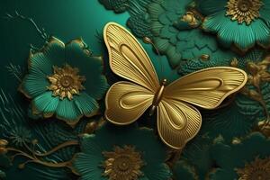 astratto floreale sfondo con verde fiori e d'oro la farfalla. ai generativo foto