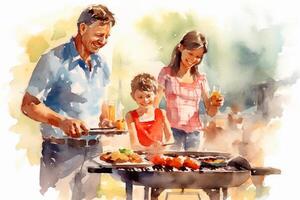 un' vivace e vivace immagine raffigurante un' padre grigliate e godendo un' barbecue con il suo famiglia. ai generativo foto