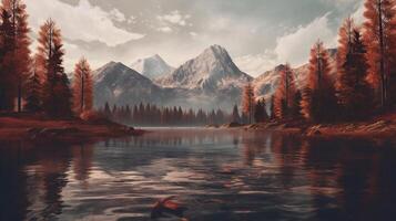 lago con montagne e alberi. ai generativo foto