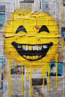 giallo dipingere gocciolante su il giornale, felicità, smiley icona. ai generativo foto