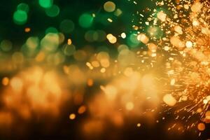 oro e verde fuochi d'artificio e bokeh nel nuovo anno vigilia e copia spazio. astratto sfondo vacanza. ai generativo foto