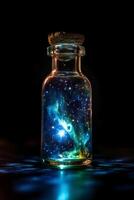 raggiante galassia nel un' bicchiere bottiglia. ai generativo foto