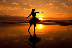 il silhouette di un' ballerina su il tramonto spiaggia. ai generativo foto