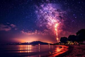 fuoco d'artificio notte mare stella. ai generativo foto