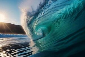 tropicale blu fare surf onda. luce del sole nel il onda botte. no le persone. bellissimo in profondità blu tubo onda nel il oceano. ai generativo foto