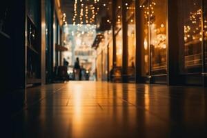 caldo luce. sfocatura leggero sfondo a negozio nel centro commerciale per attività commerciale sfondo, sfocato astratto bokeh a interno corridoio,. ai generativo foto