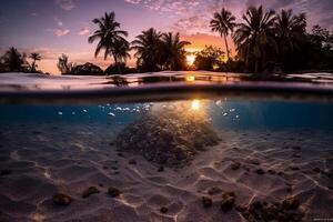 fotografia di bellissimo invitante spiaggia scena con viola tramonto cielo. ai generativo foto