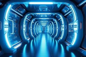 futuristico sfondo scienza finzione interno e blu leggero architettura corridoio. ai generativo foto