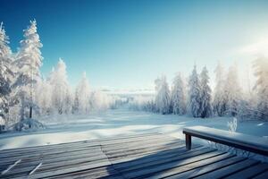 inverno Natale panoramico paesaggio con copia spazio. di legno pavimentazione, bianca alberi nel foresta coperto con neve, cumuli di neve e nevicata contro blu cielo nel soleggiato giorno ai generativo foto