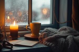 Natale sfondo. un' tazza di Tè, libri, un' candela e un' a maglia sciarpa su il finestra sfondo. ai generativo foto